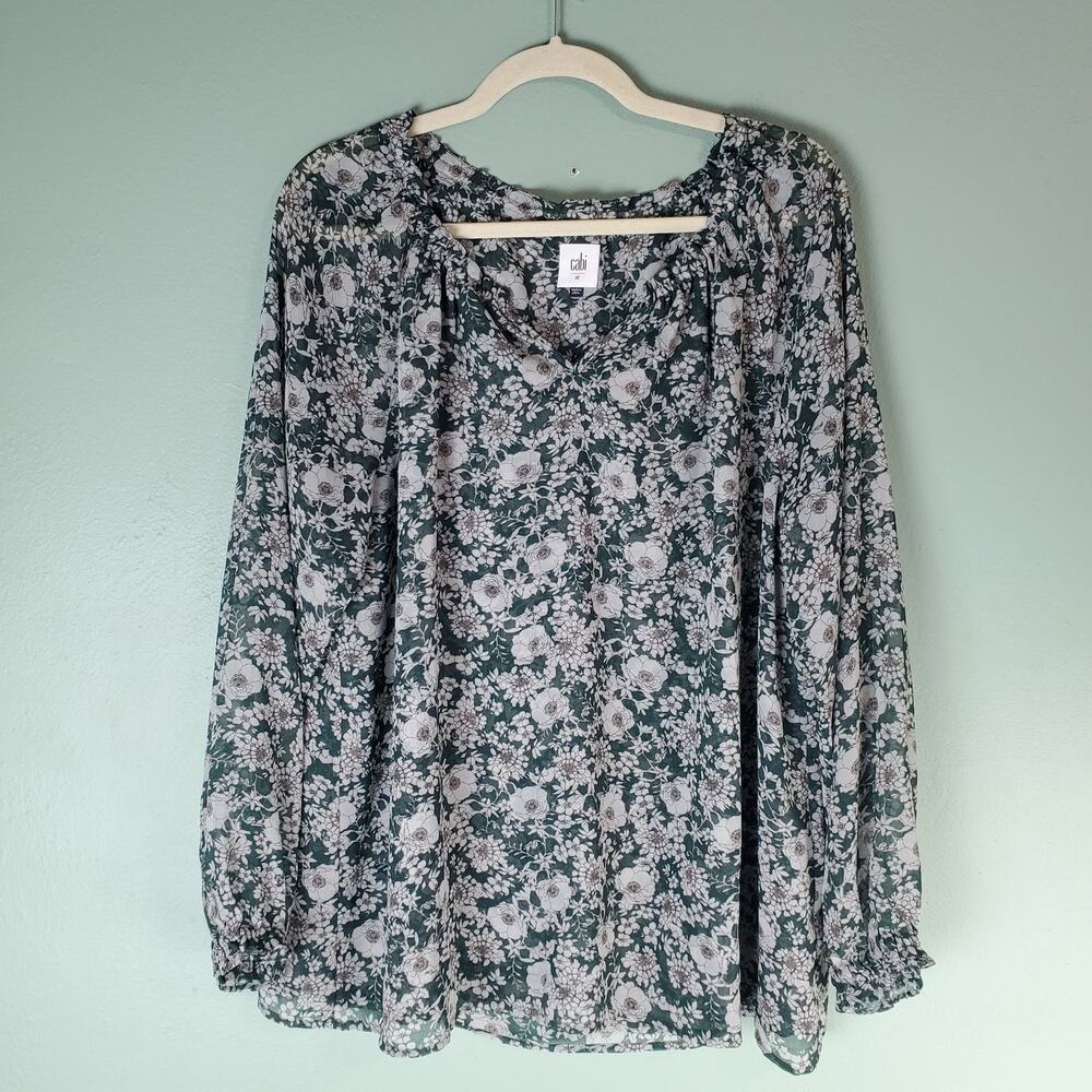 Cabi Womens Olive Green Floral Print Sheer Bianca Peasant Blouse Top Size Medium